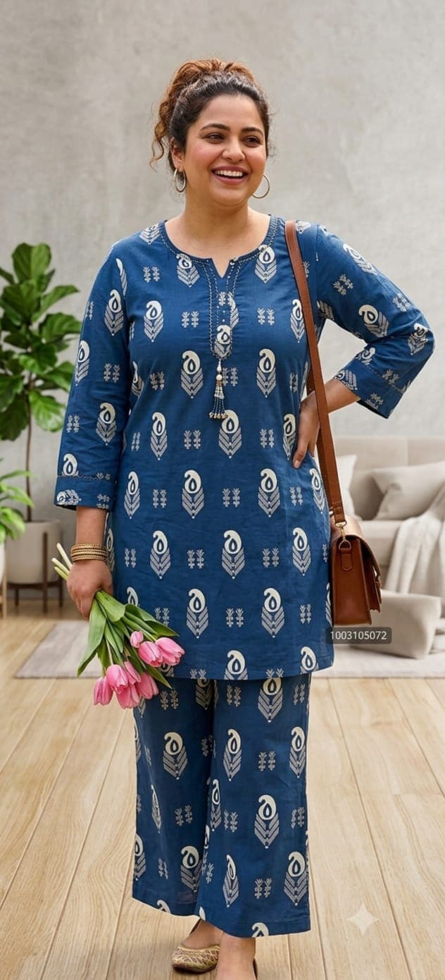 Blue printed plus size co-ord kurti set