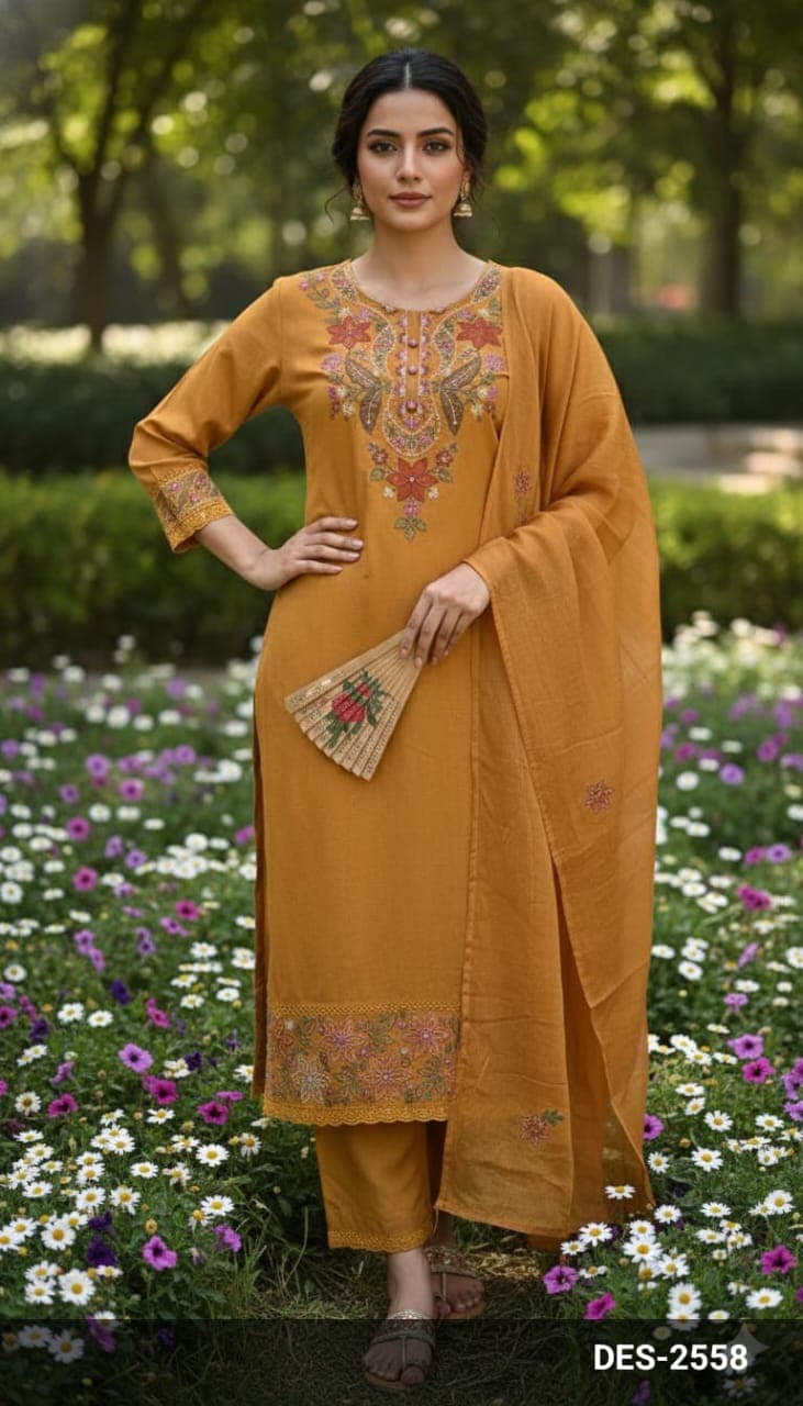 Mustard embroidered kurti suit set with dupatta
