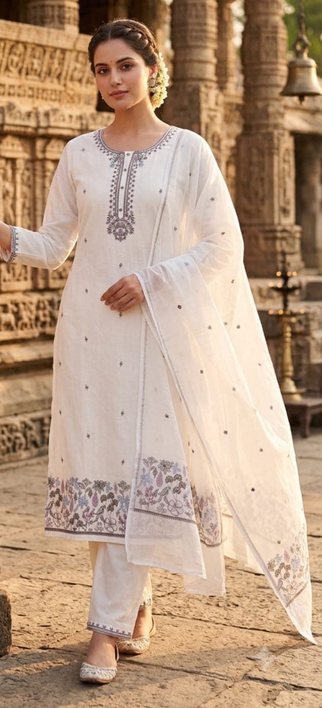Ivory festive kurti suit set with dupatta