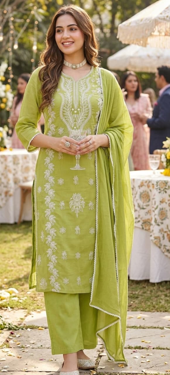 Lime festive kurti suit set at a garden party