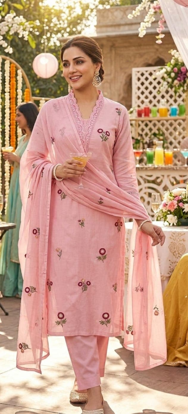 Pink festive kurti set with embroidered dupatta